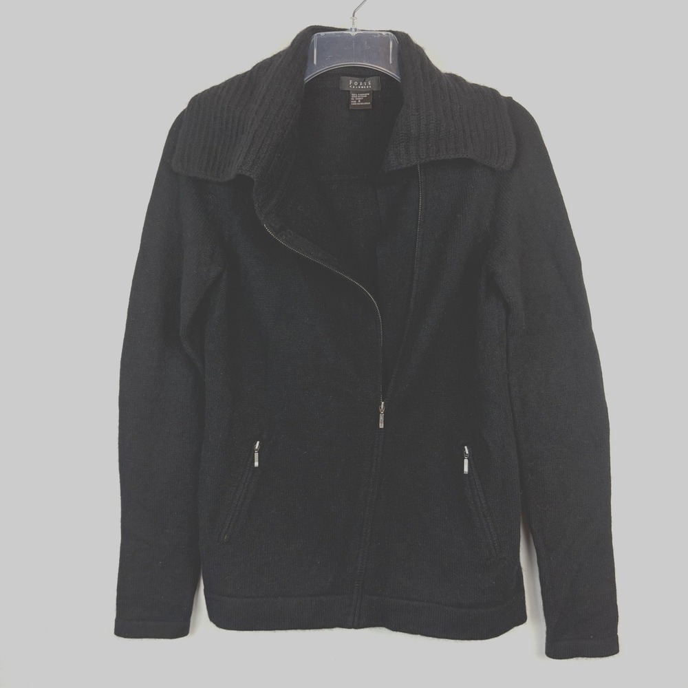 Forte Cashmere Cardigan Sweater Womens Small Black Full Zip Old Money Capsule